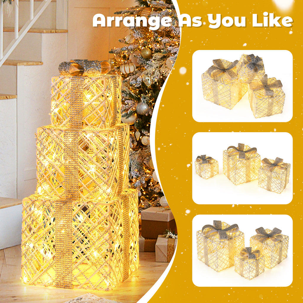 Set of 3 Christmas Lighted Gift Boxes with 50 LED Lights and Detachable Bows