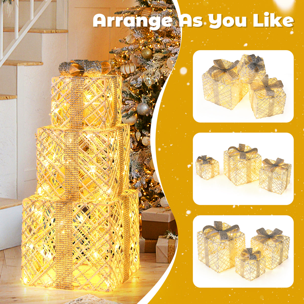 Set of 3 Christmas Lighted Gift Boxes with 50 LED Lights and Detachable Bows
