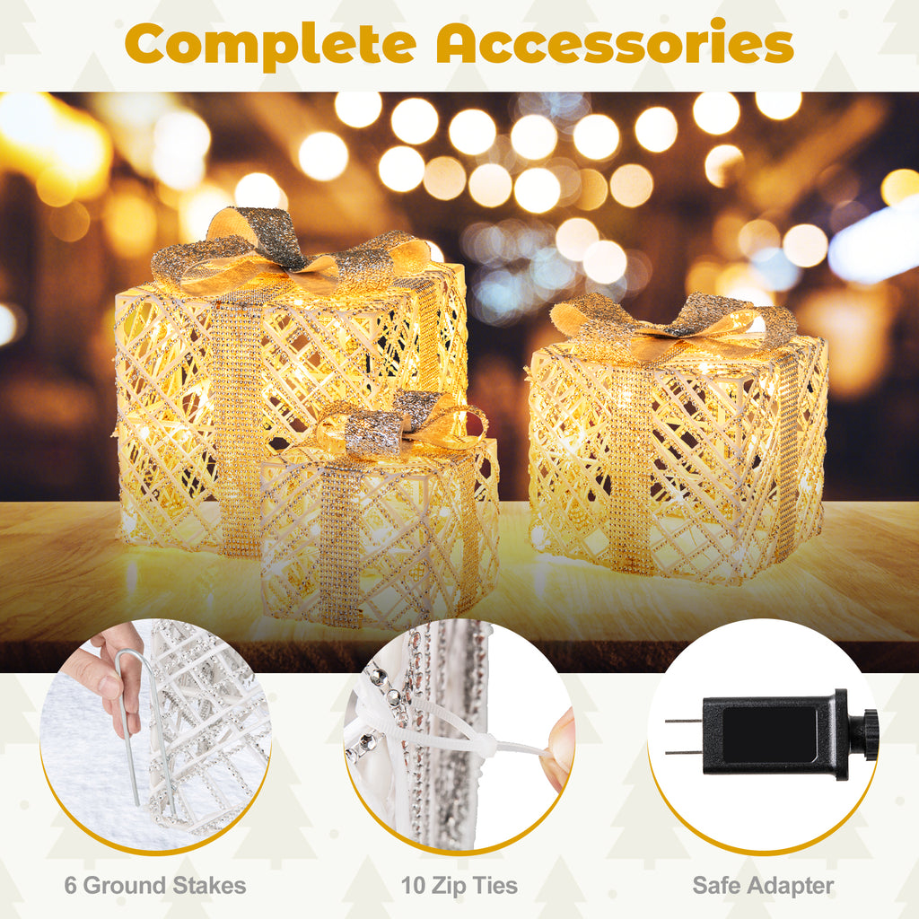 Set of 3 Christmas Lighted Gift Boxes with 50 LED Lights and Detachable Bows