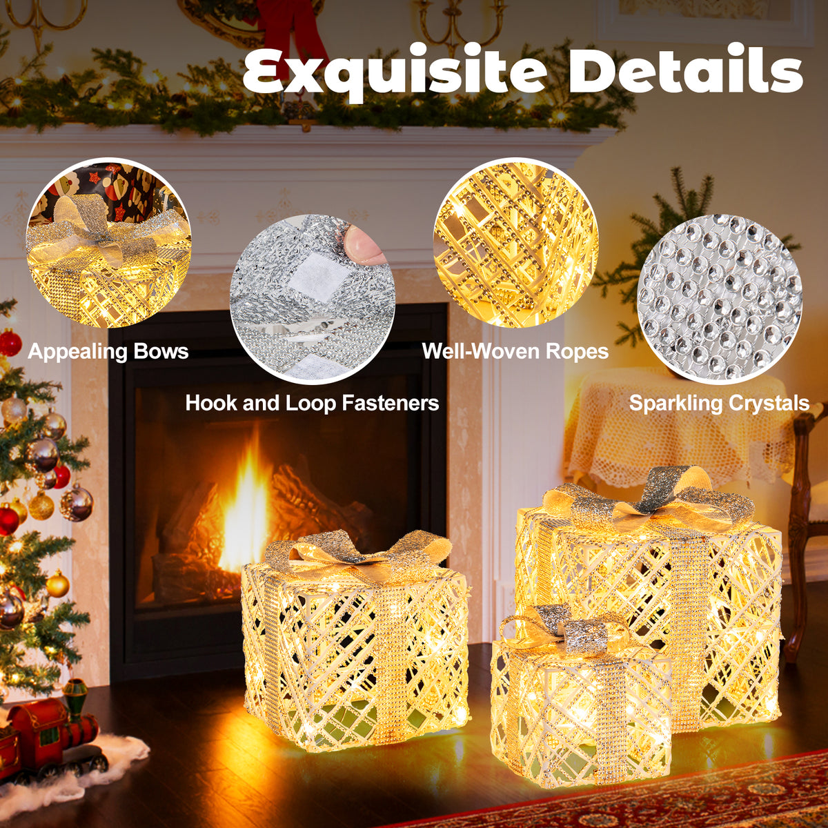 Set of 3 Christmas Lighted Gift Boxes with 50 LED Lights and Detachable Bows