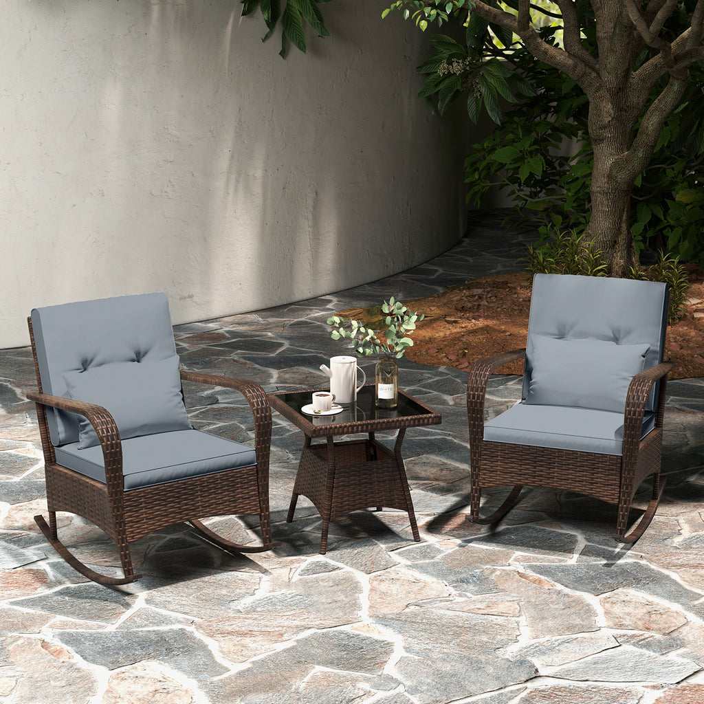 3 Pieces Outdoor Rocking Set with Tempered Glass Coffee Table for