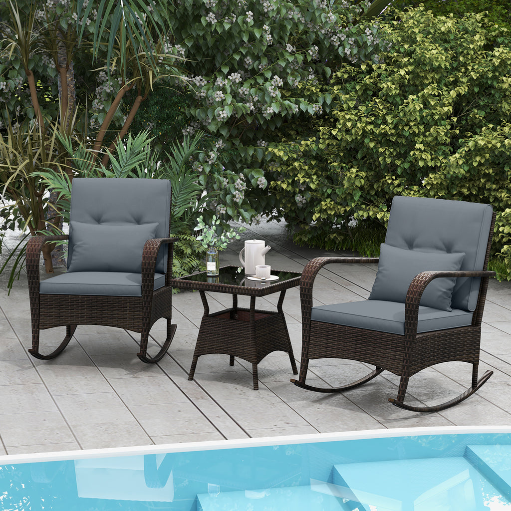 3 Pieces Outdoor Rocking Set with Tempered Glass Coffee Table for