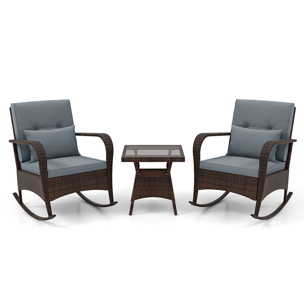 3 Pieces Outdoor Rocking Set with Tempered Glass Coffee Table for
