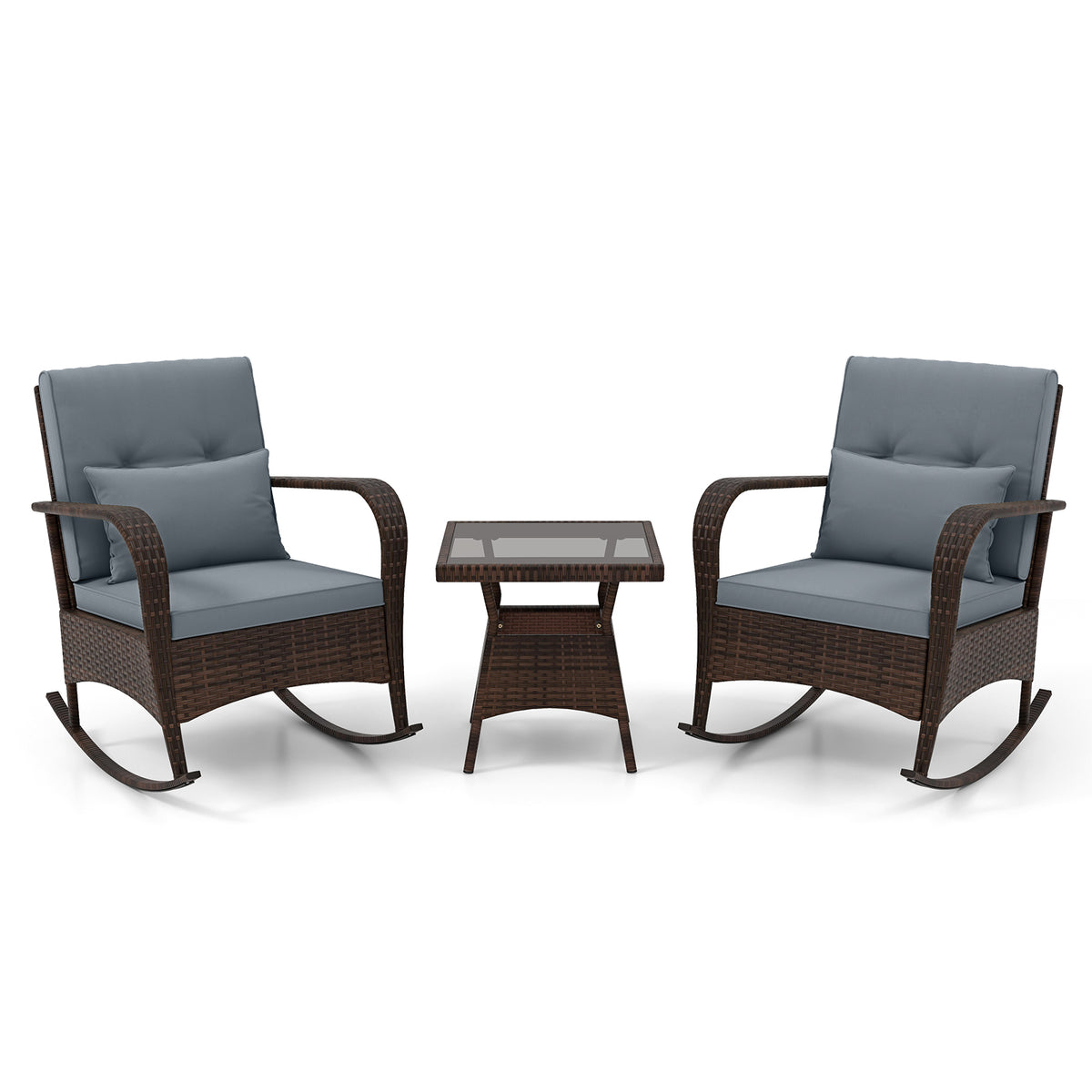 3 Pieces Outdoor Rocking Set with Tempered Glass Coffee Table for