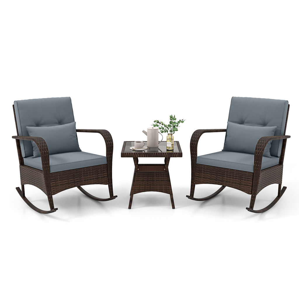 3 Pieces Outdoor Rocking Set with Tempered Glass Coffee Table for