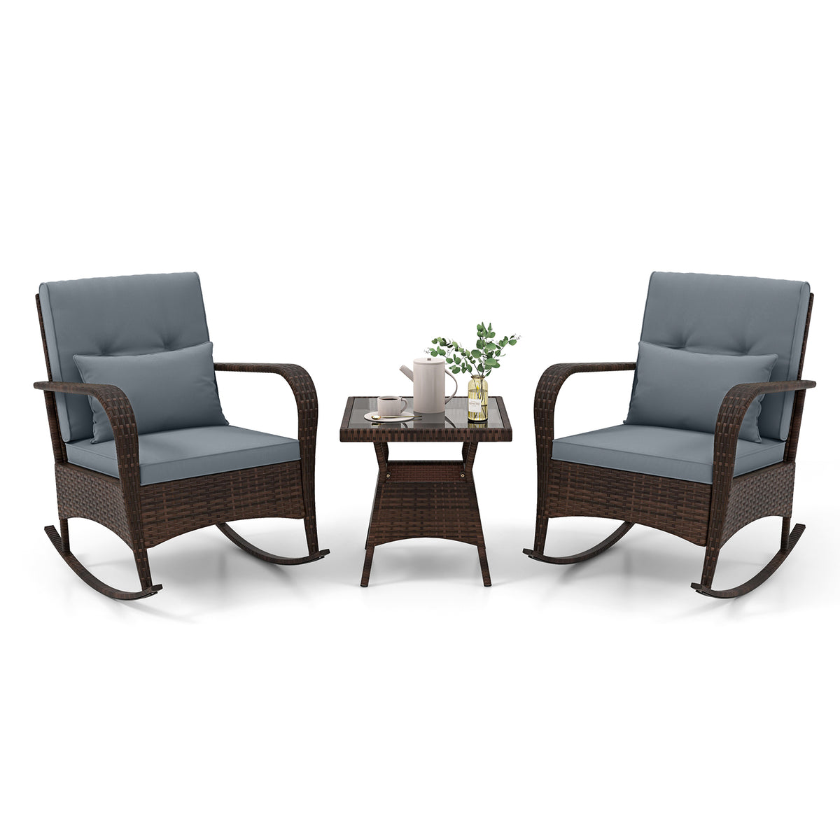 3 Pieces Outdoor Rocking Set with Tempered Glass Coffee Table for