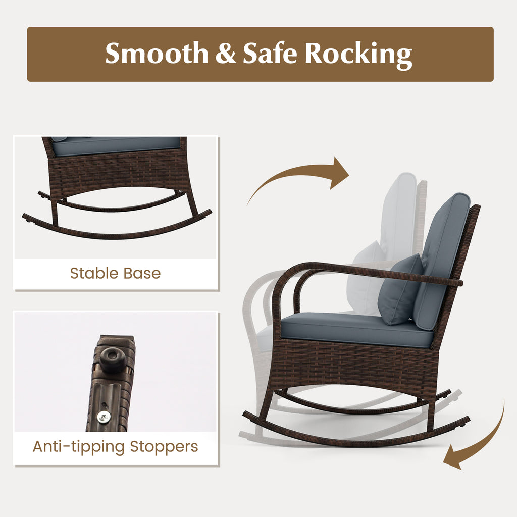 3 Pieces Outdoor Rocking Set with Tempered Glass Coffee Table for