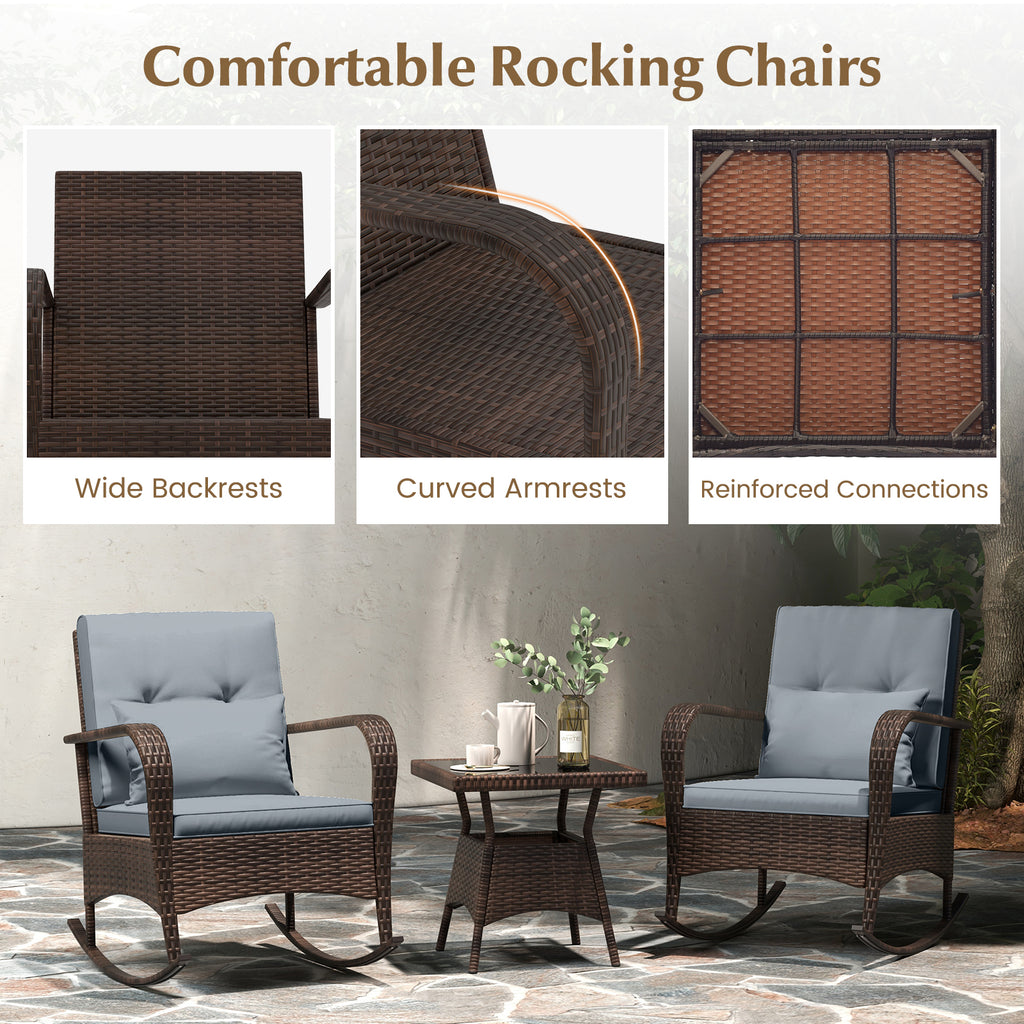 3 Pieces Outdoor Rocking Set with Tempered Glass Coffee Table for