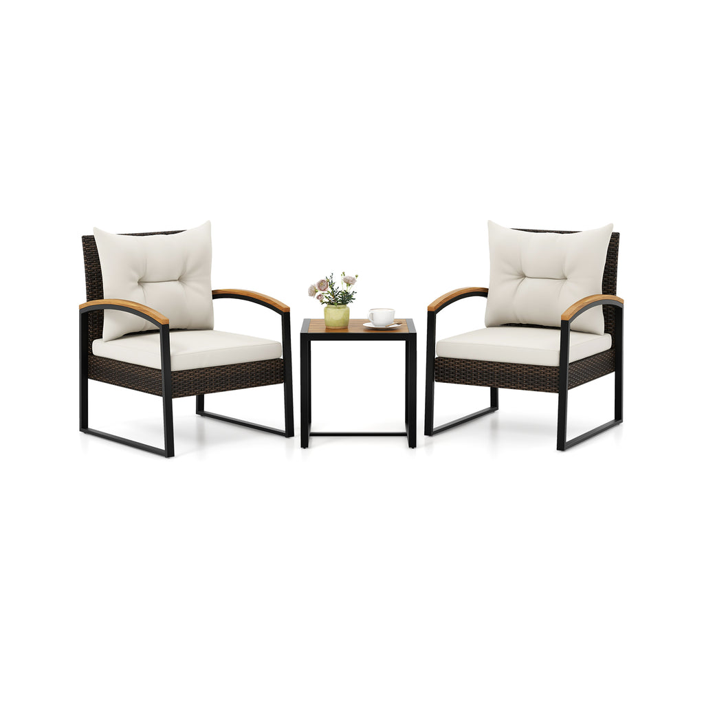 3 Piece Patio Conversation Set with Solid Acacia Wood Armrests and