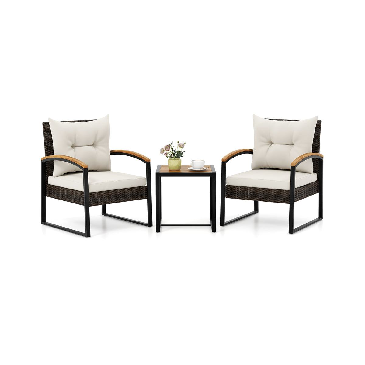 4 Pieces Patio Conversation Set with Acacia Wood Armrests and