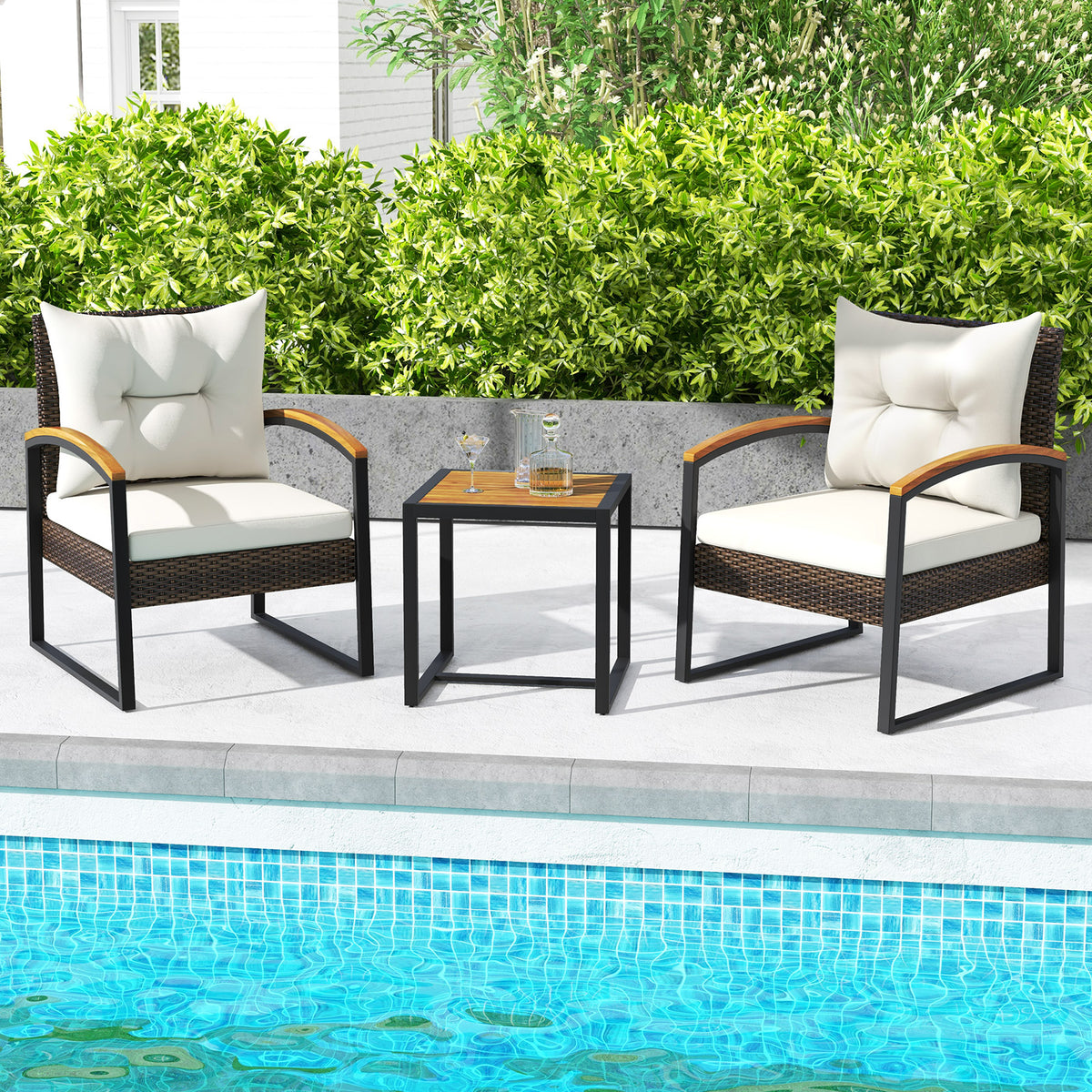 3 Piece Patio Conversation Set with Solid Acacia Wood Armrests and
