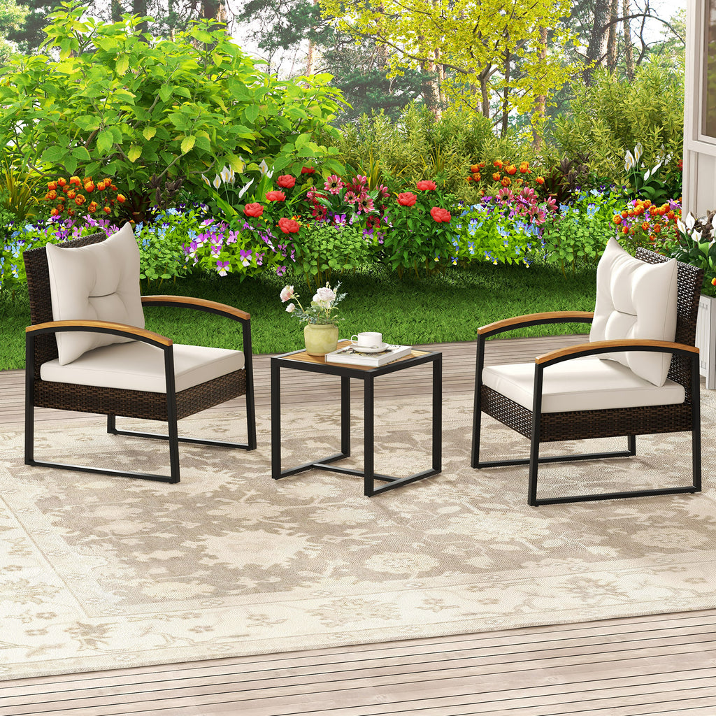 3 Piece Patio Conversation Set with Solid Acacia Wood Armrests and
