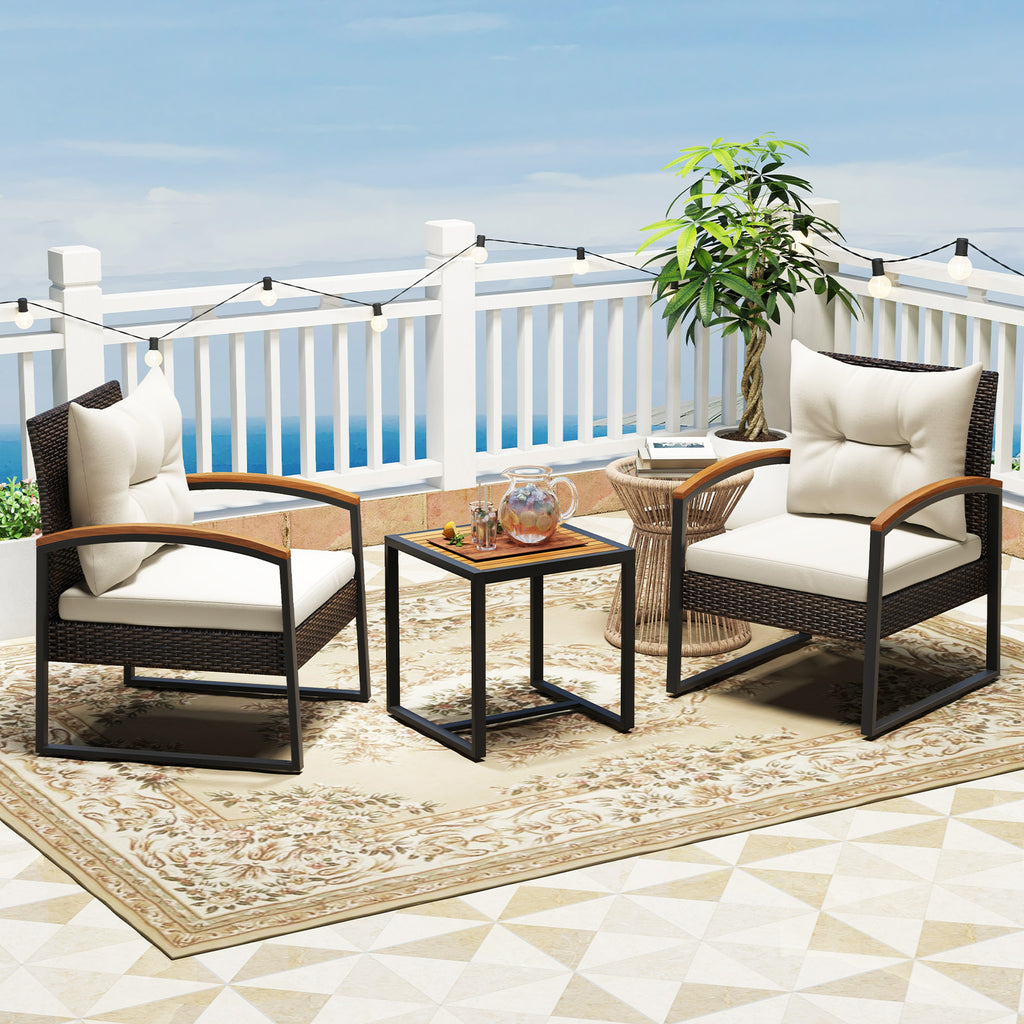 3 Piece Patio Conversation Set with Solid Acacia Wood Armrests and