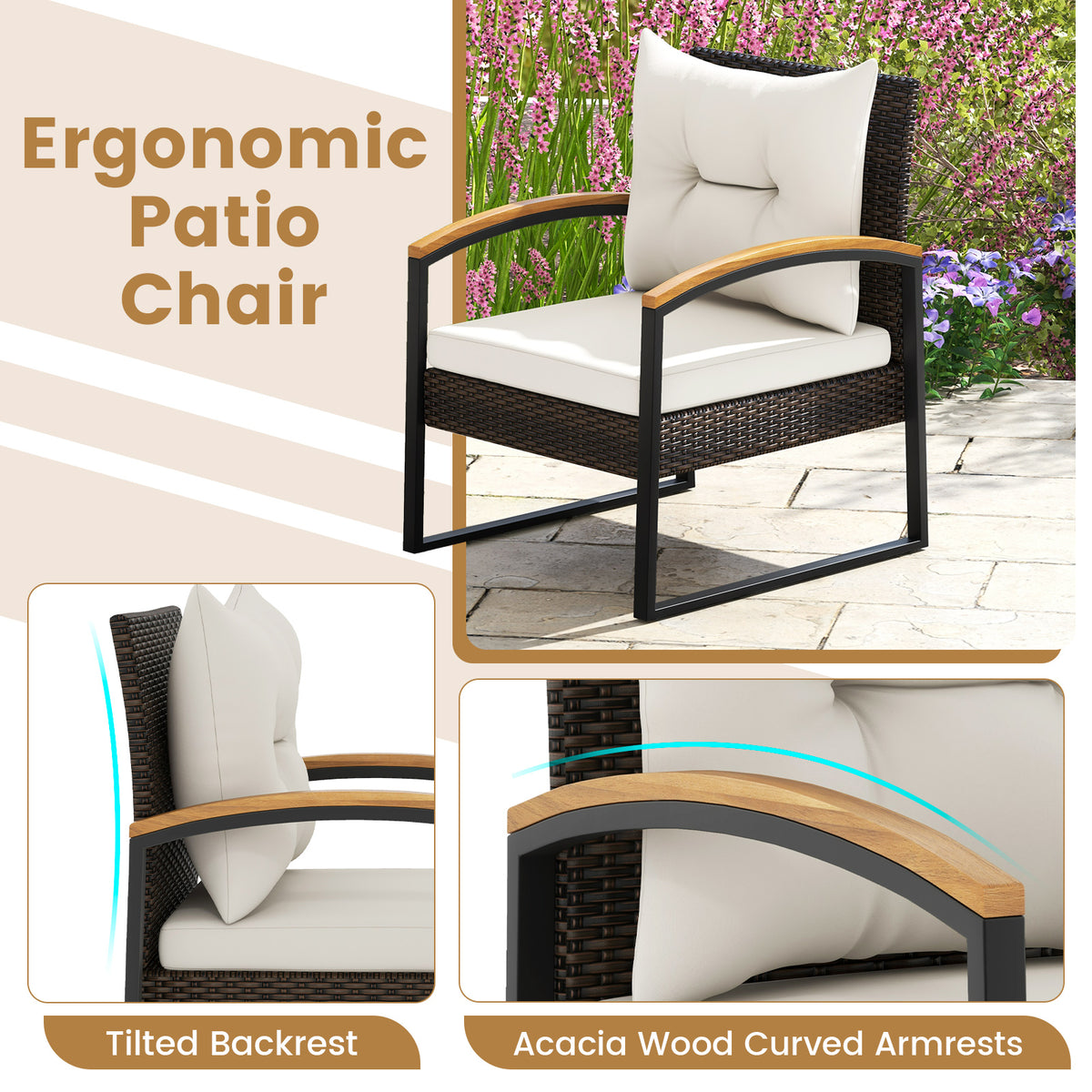 3 Piece Patio Conversation Set with Solid Acacia Wood Armrests and