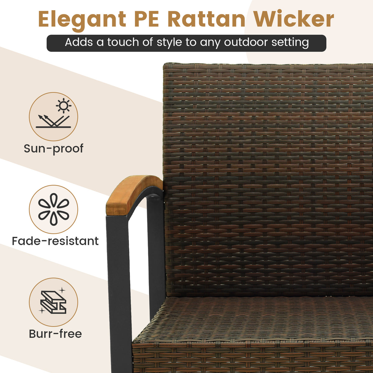 3 Piece Patio Conversation Set with Solid Acacia Wood Armrests and