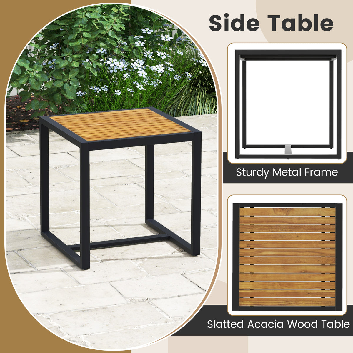 3 Piece Patio Conversation Set with Solid Acacia Wood Armrests and