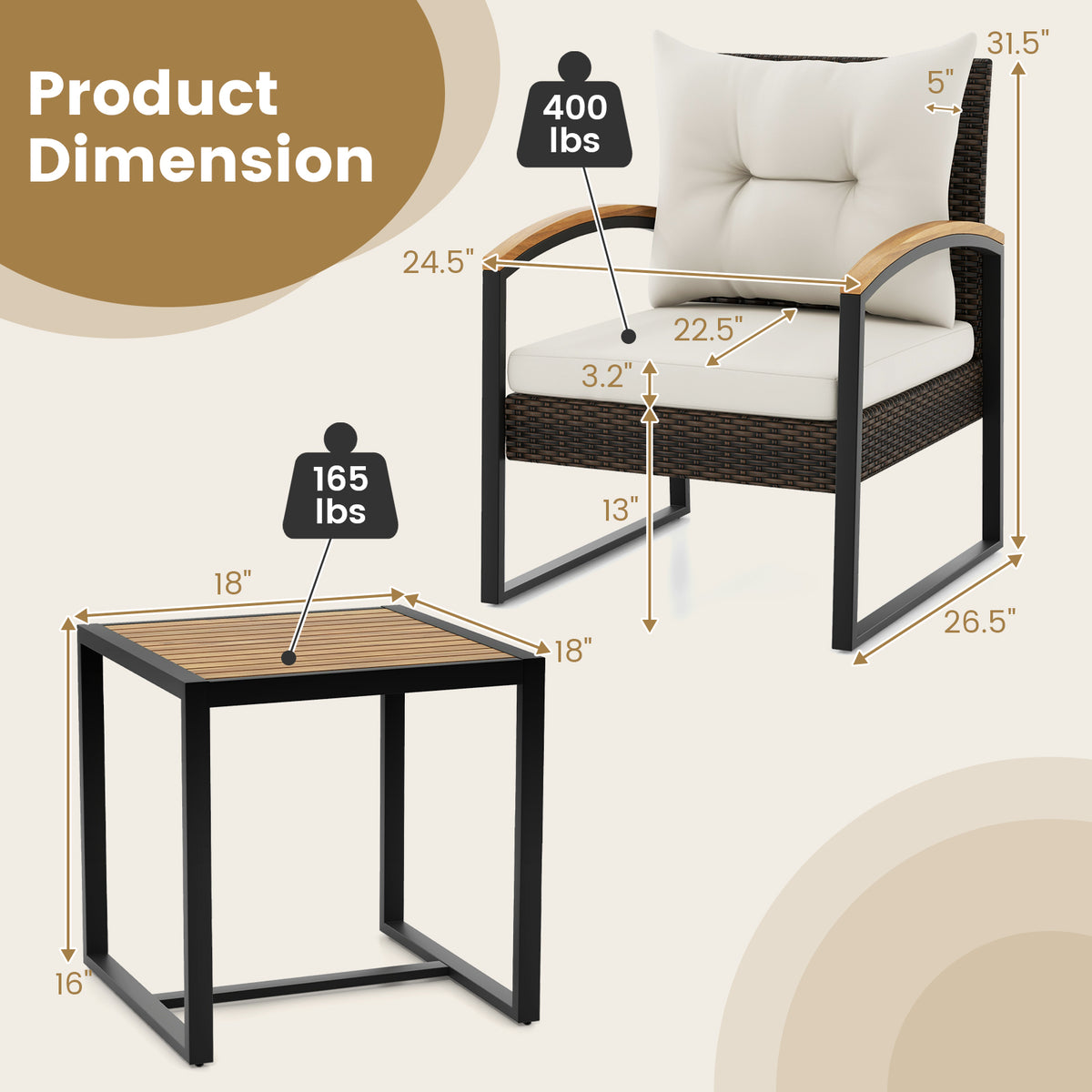 3 Piece Patio Conversation Set with Solid Acacia Wood Armrests and