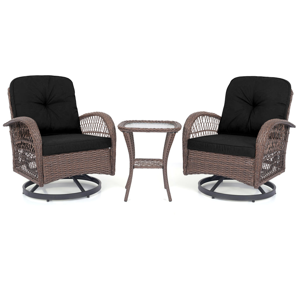 3 Piece Patio Swivel Rocker Set with Tempered Glass Side Table - White