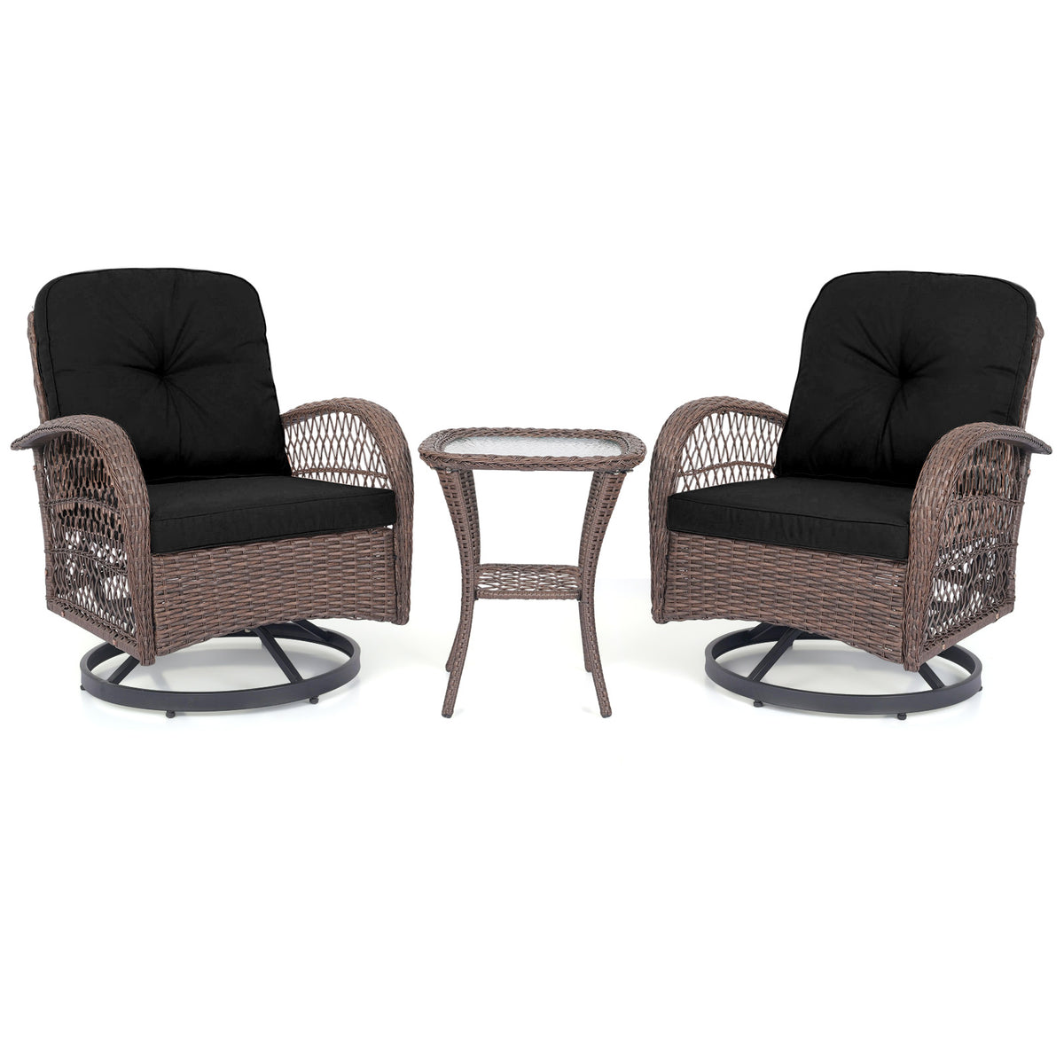 3 Piece Patio Swivel Rocker Set with Tempered Glass Side Table - White
