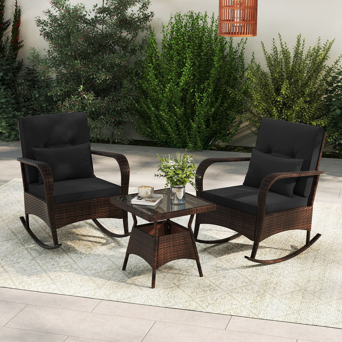 3-Piece Outdoor Rocking Set with Tempered Glass Coffee Table, Black