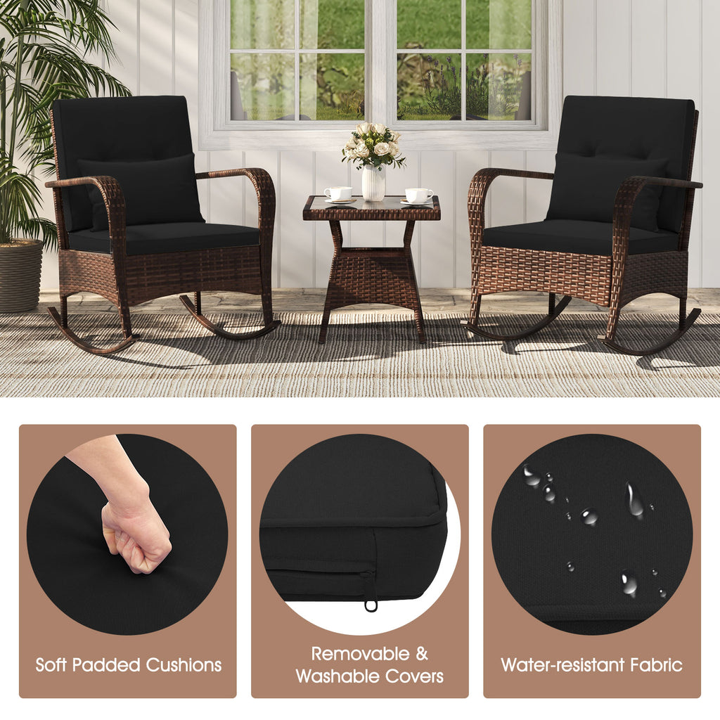3 Pieces Outdoor Rocking Set with Tempered Glass Coffee Table for