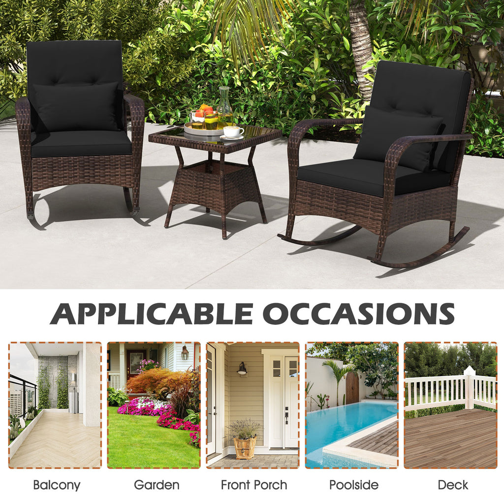 3-Piece Outdoor Rocking Set with Tempered Glass Coffee Table, Black