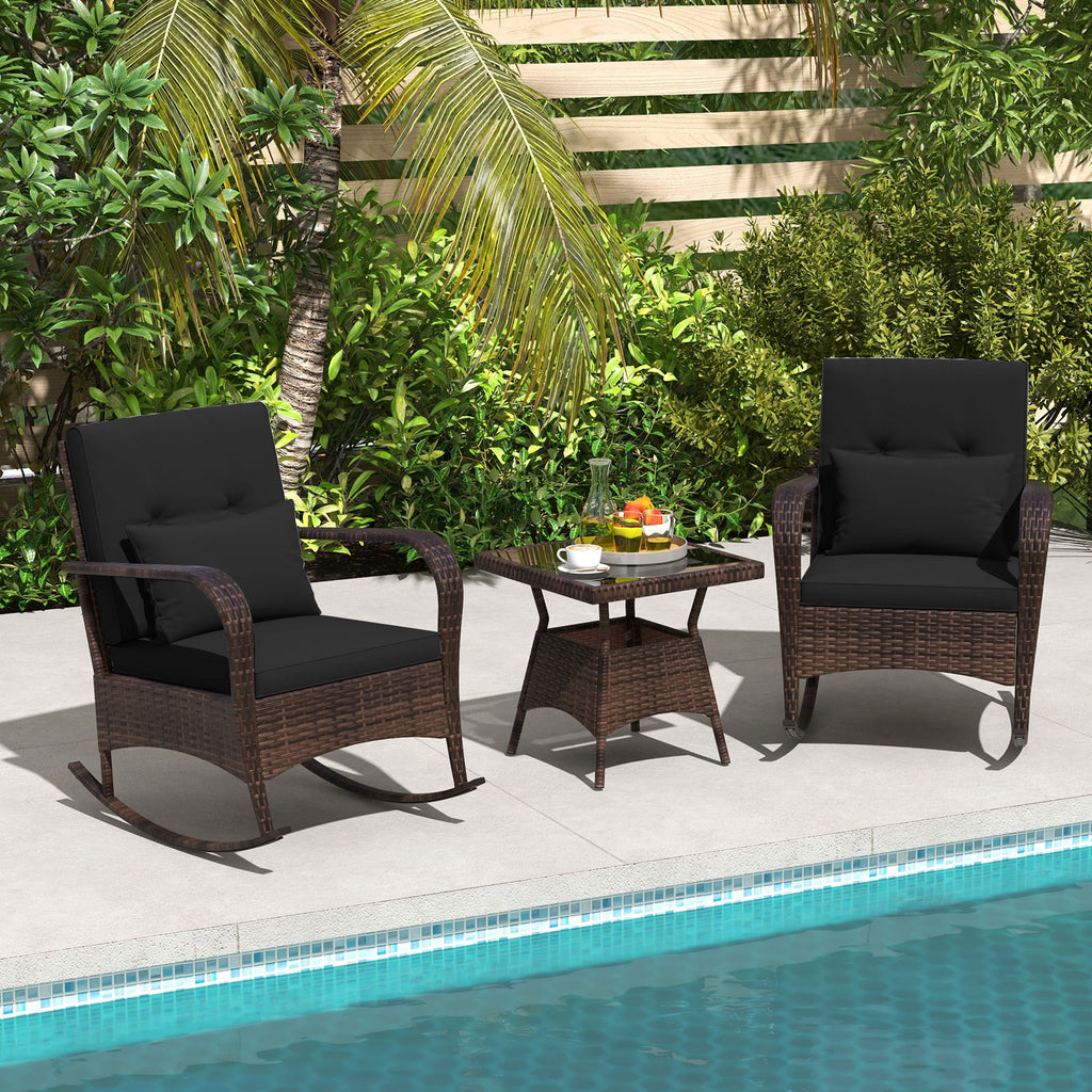 3-Piece Outdoor Rocking Set with Tempered Glass Coffee Table, Black