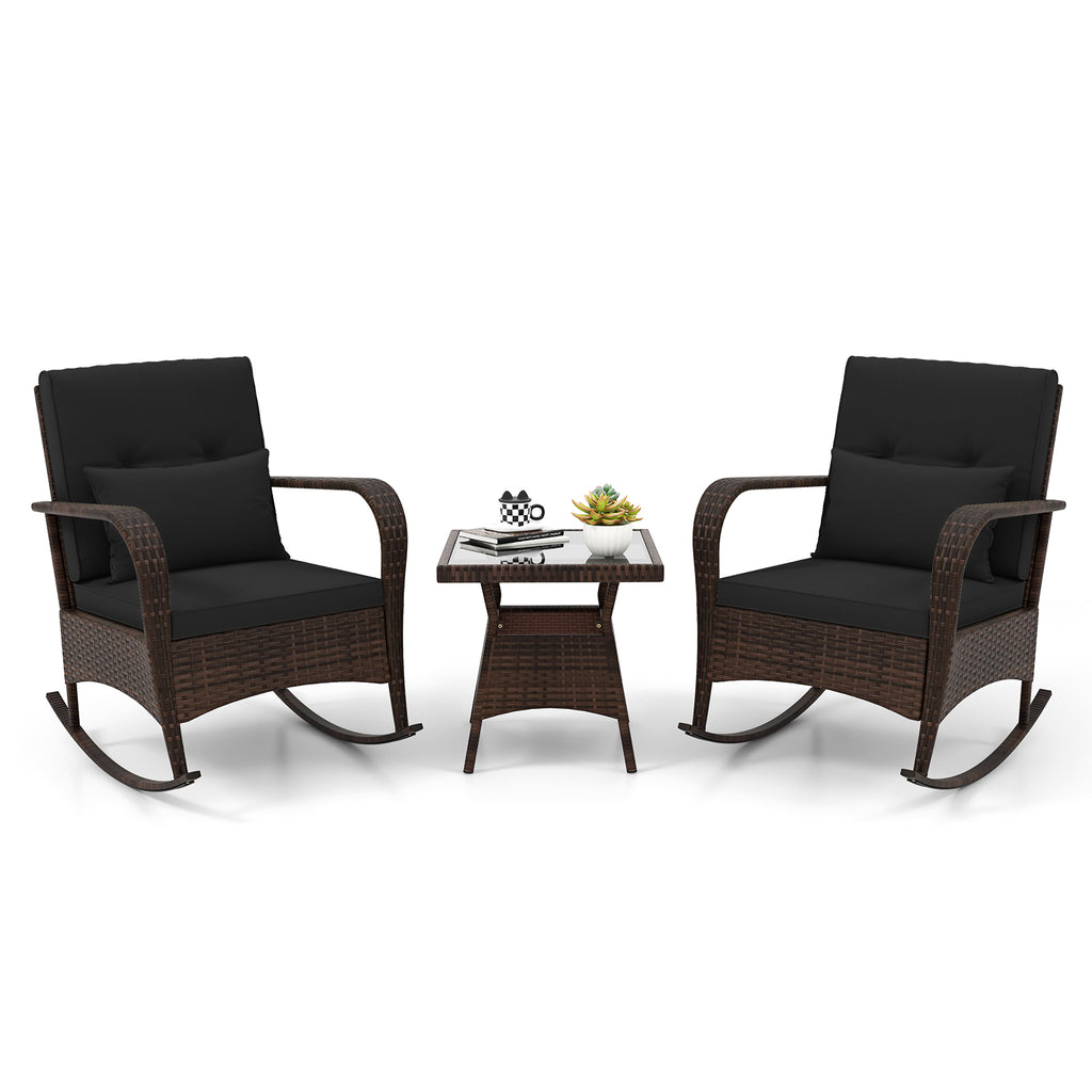 3-Piece Outdoor Rocking Set with Tempered Glass Coffee Table, Black