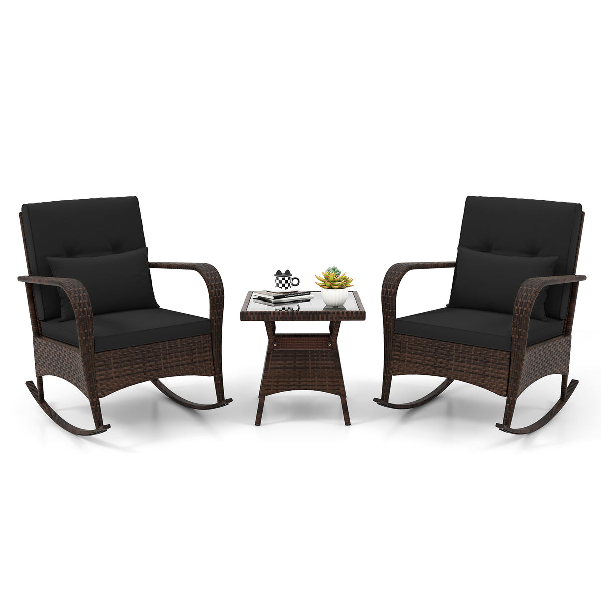 3-Piece Outdoor Rocking Set with Tempered Glass Coffee Table, Black