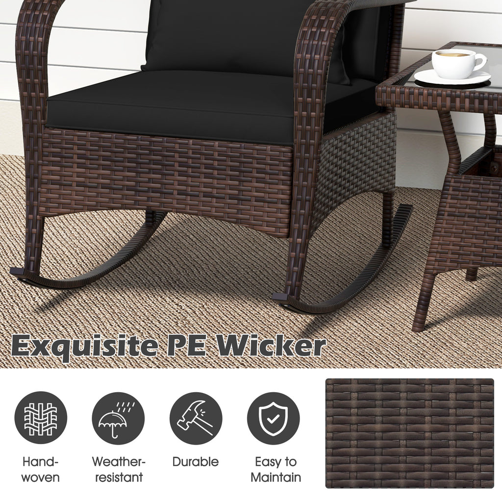 3-Piece Outdoor Rocking Set with Tempered Glass Coffee Table, Black