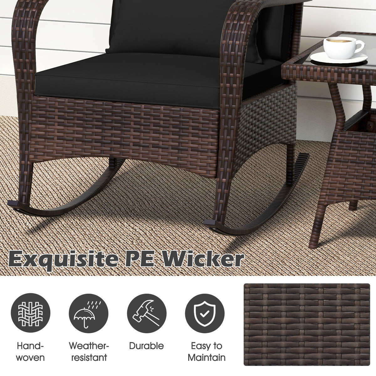 3-Piece Outdoor Rocking Set with Tempered Glass Coffee Table, Black
