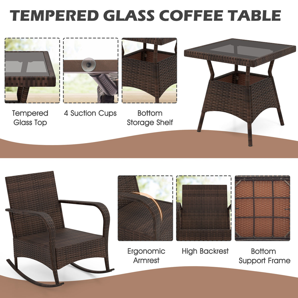 3-Piece Outdoor Rocking Set with Tempered Glass Coffee Table, Black