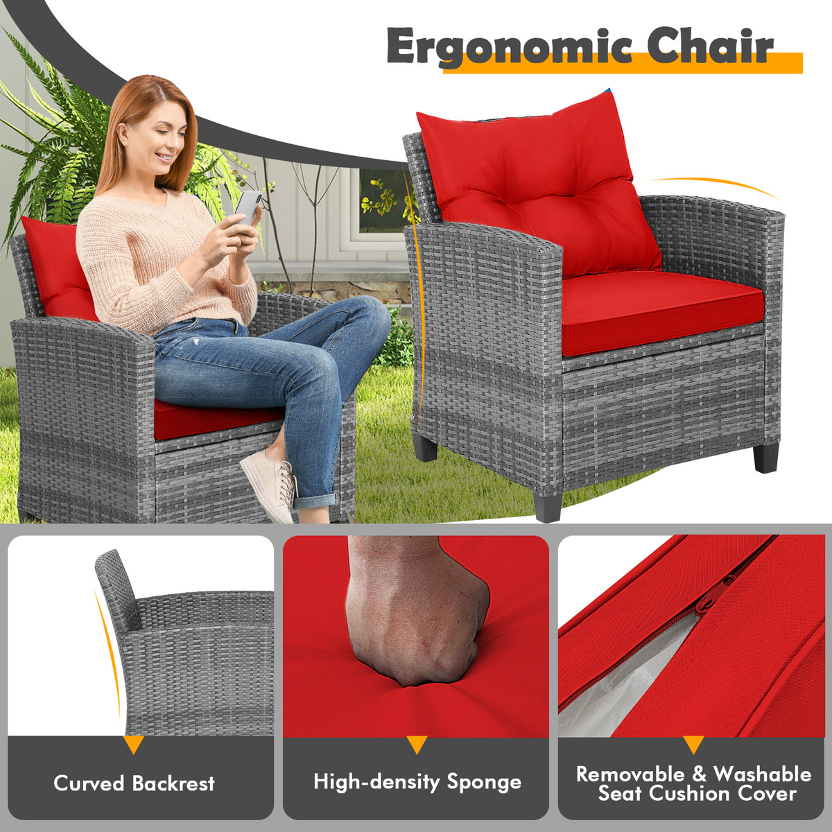 3 Pieces Outdoor Wicker Conversation Set with Tempered Glass Tabletop