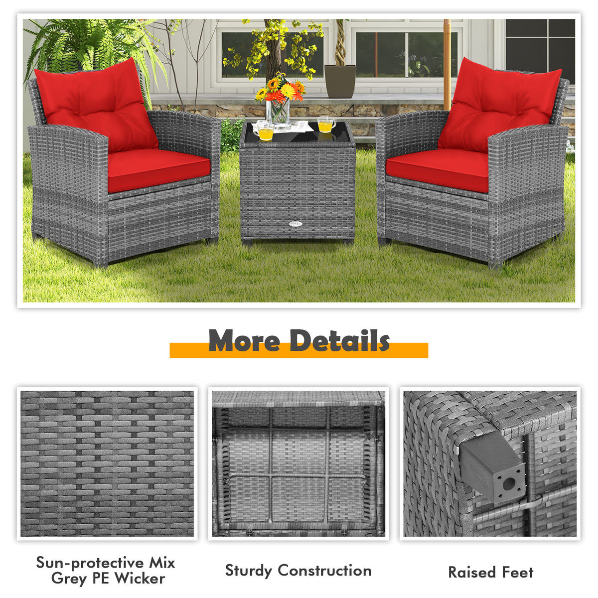 3 Pieces Outdoor Wicker Conversation Set with Tempered Glass Tabletop