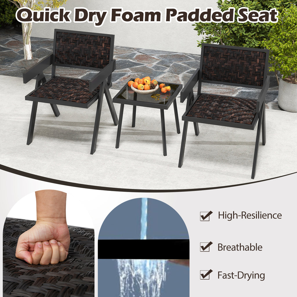 3 Pieces Patio PE Wicker Bistro Set with Quick-Drying Foam