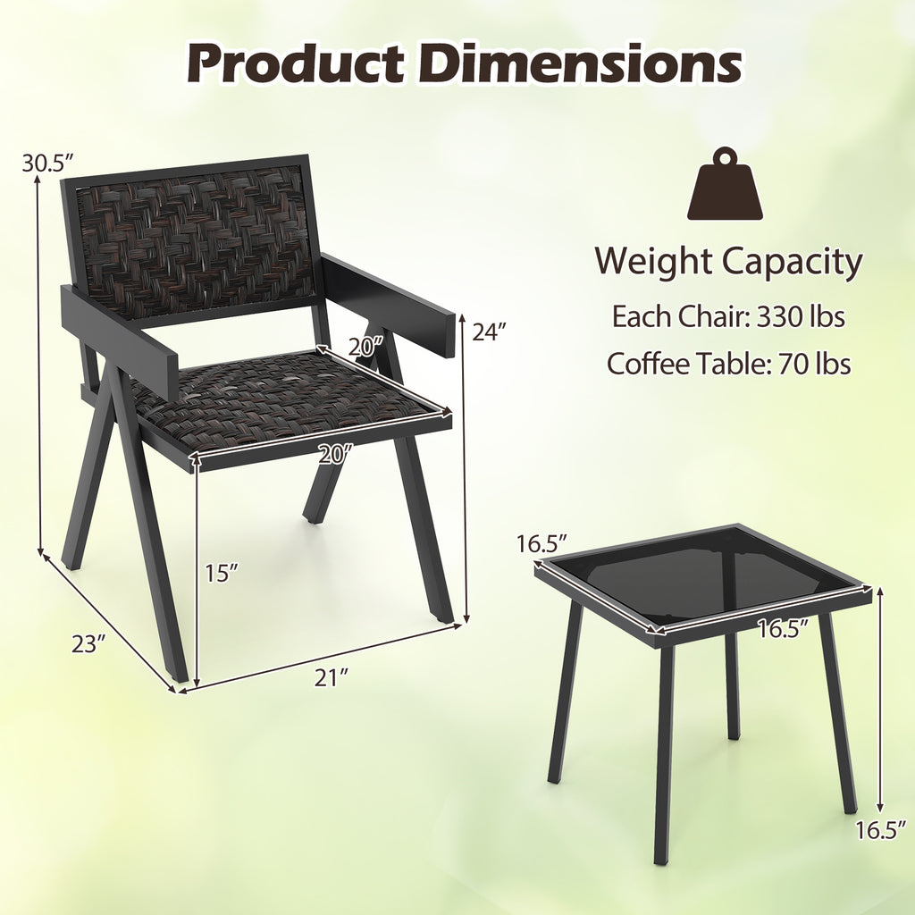3 Pieces Patio PE Wicker Bistro Set with Quick-Drying Foam