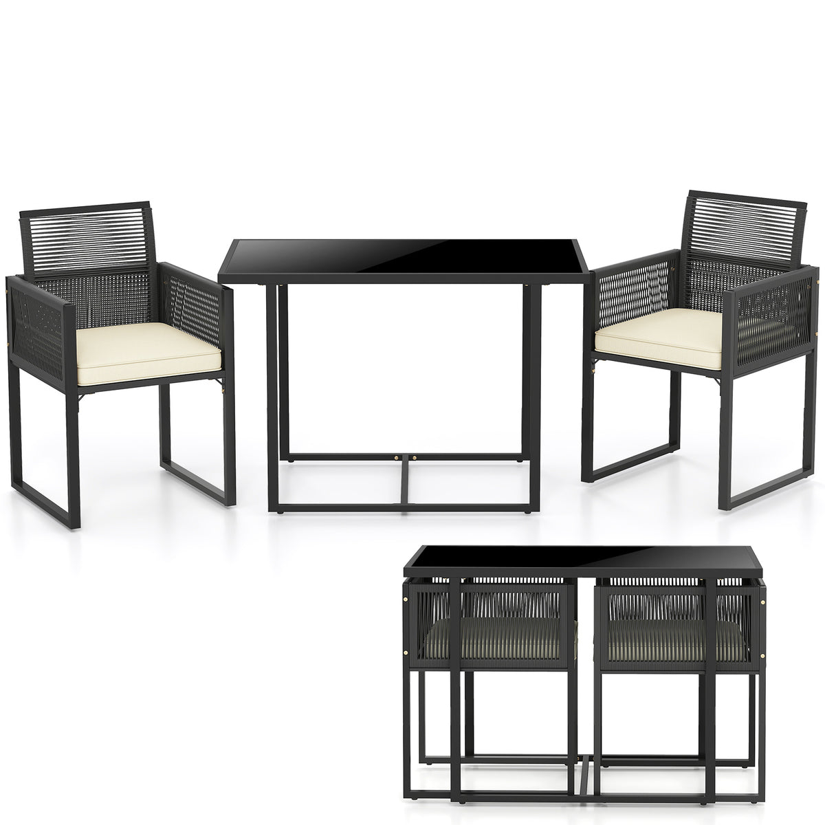 3 Pieces Patio Tempered Glass Top Table and Chairs Set for Porch