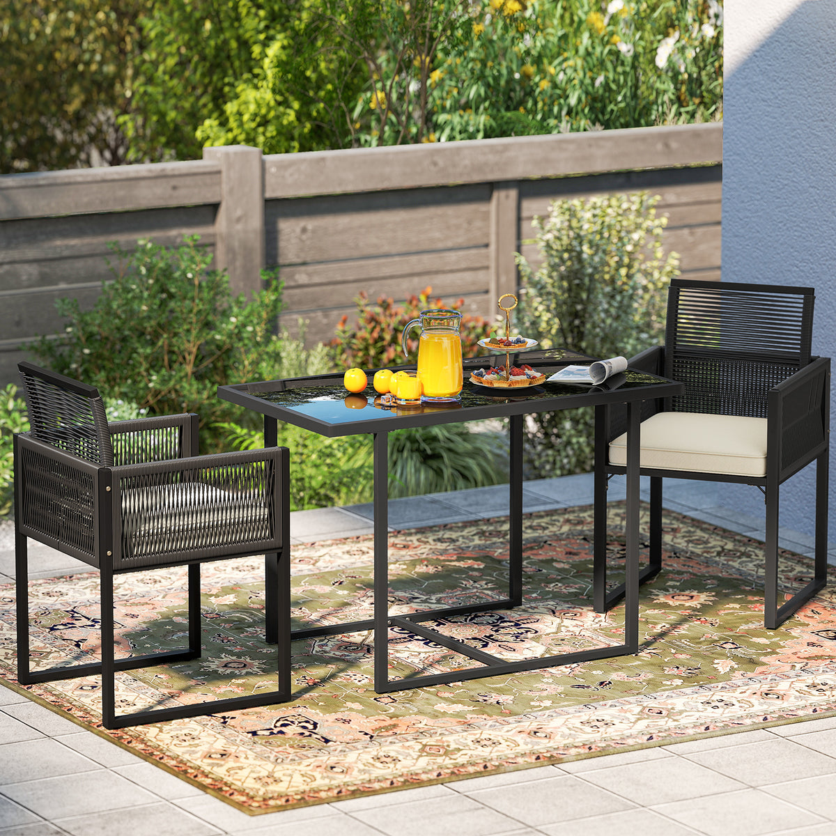 3 Pieces Patio Tempered Glass Top Table and Chairs Set for Porch