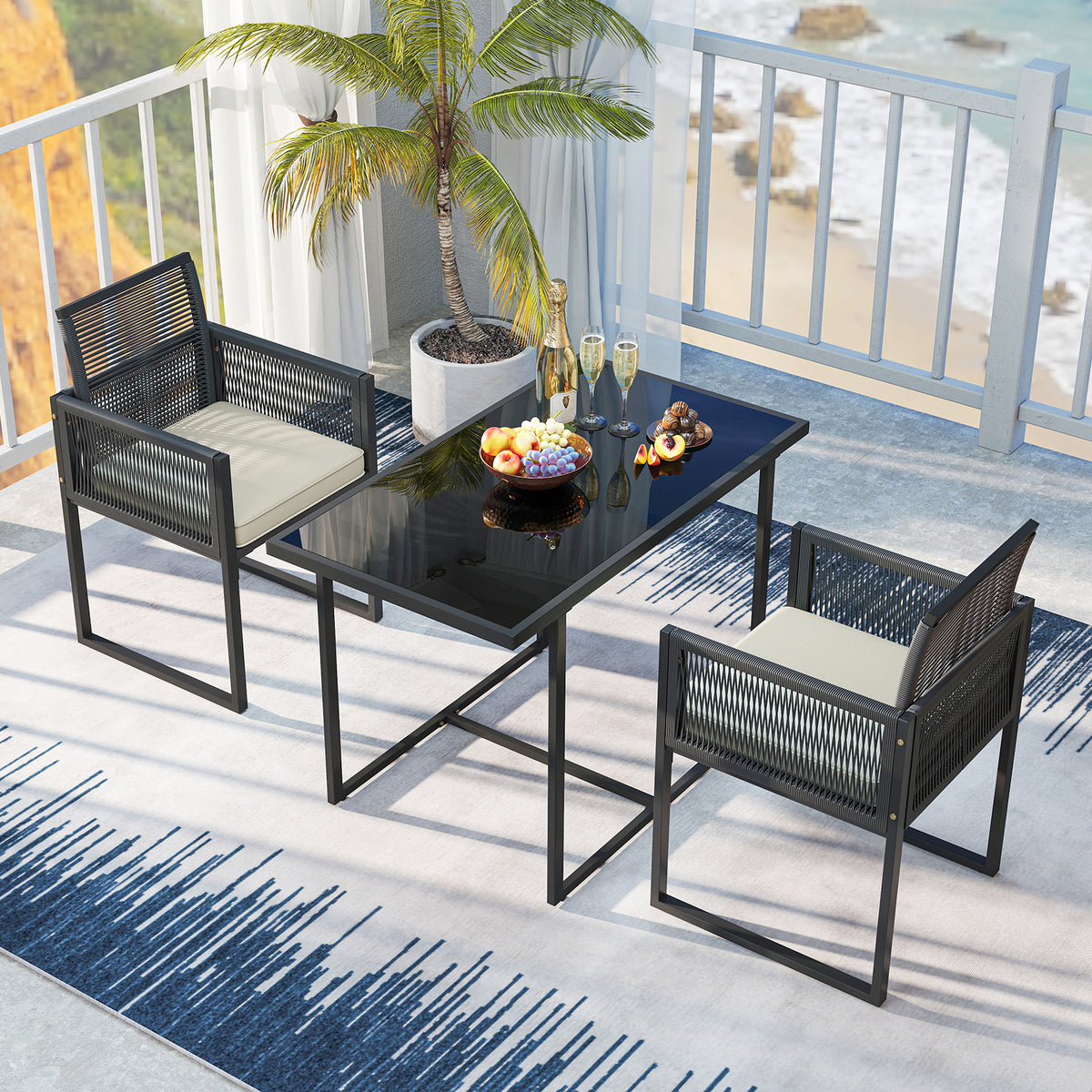 3 Pieces Patio Tempered Glass Top Table and Chairs Set for Porch