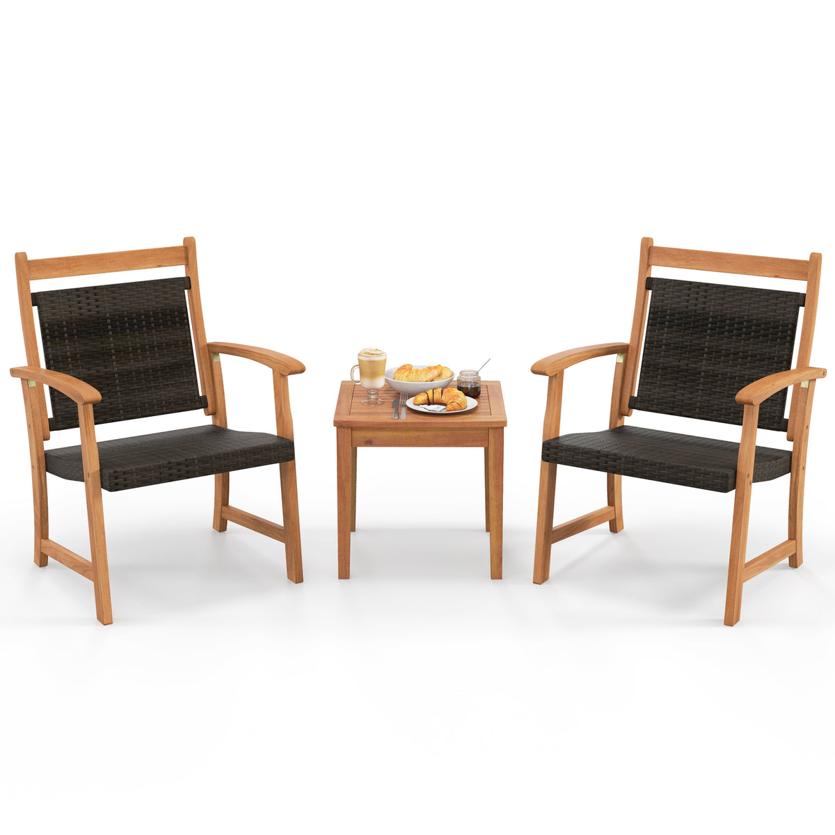 3 Pieces Rattan Bistro Set - Acacia Wood Patio Furniture