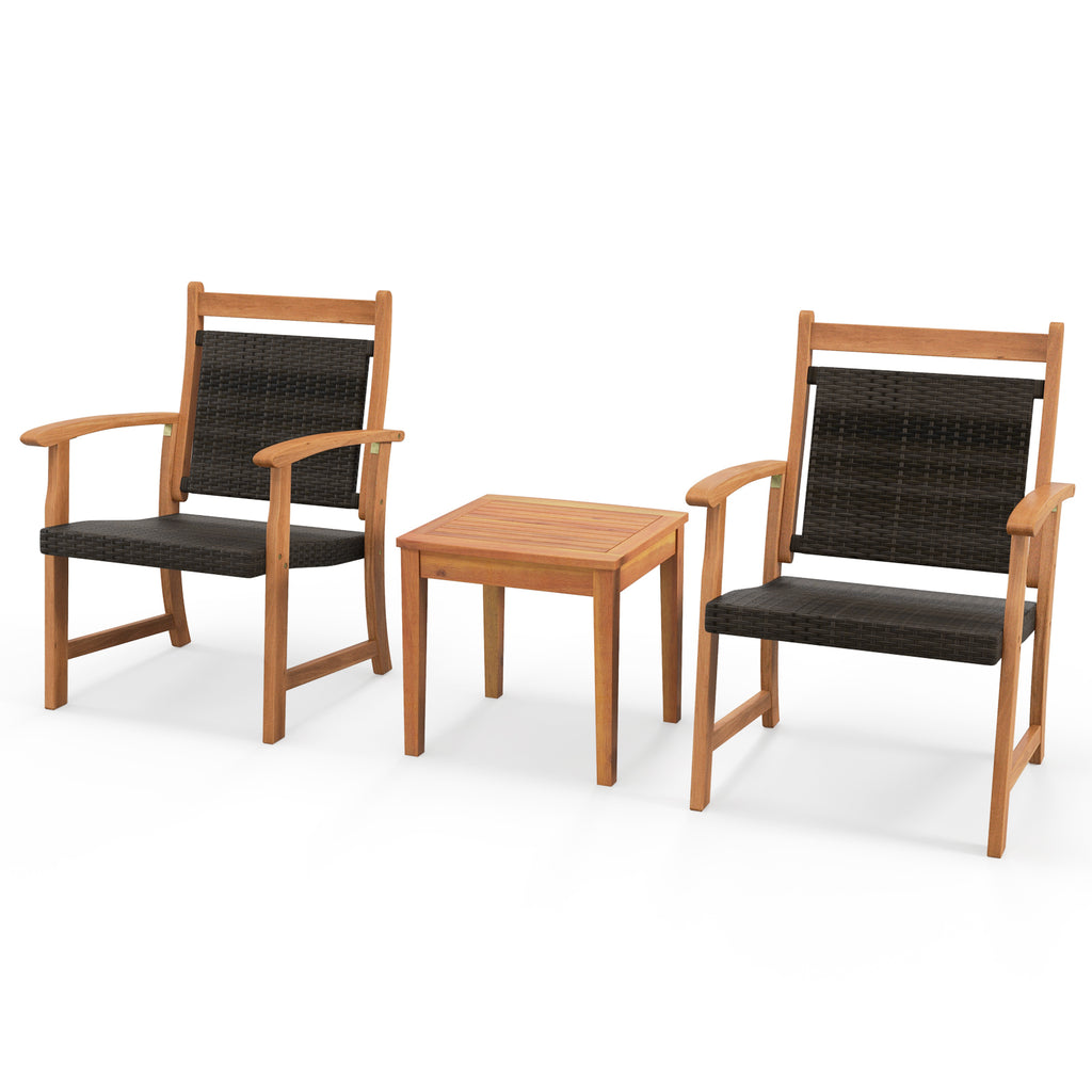 3 Pieces Rattan Bistro Set - Acacia Wood Patio Furniture