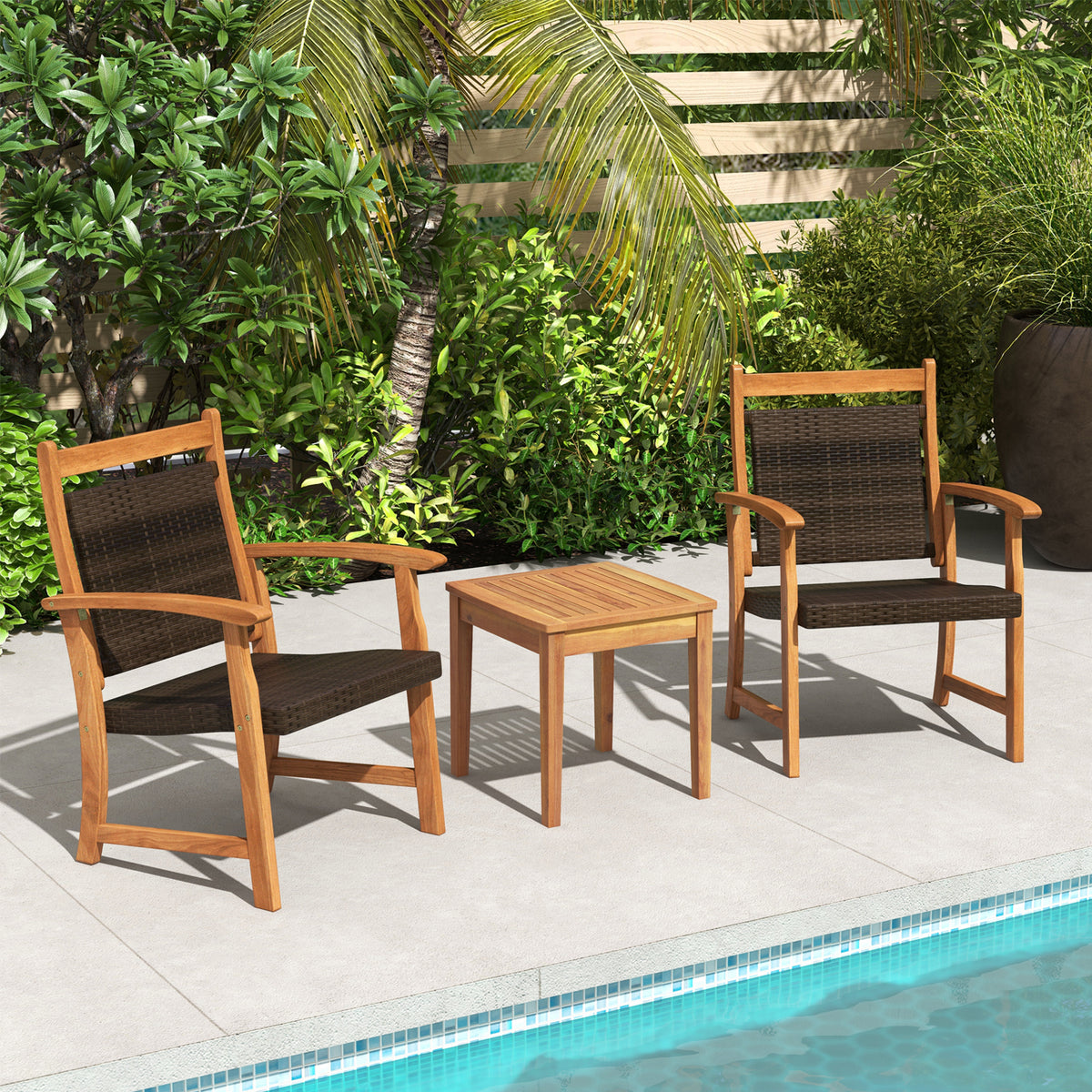3 Pieces Rattan Bistro Set - Acacia Wood Patio Furniture