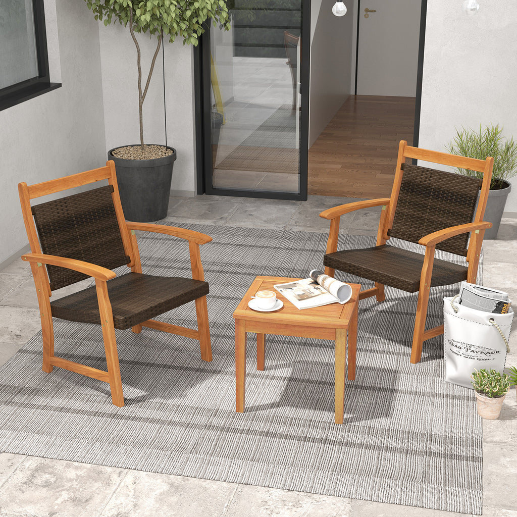 3 Pieces Rattan Bistro Set - Acacia Wood Patio Furniture