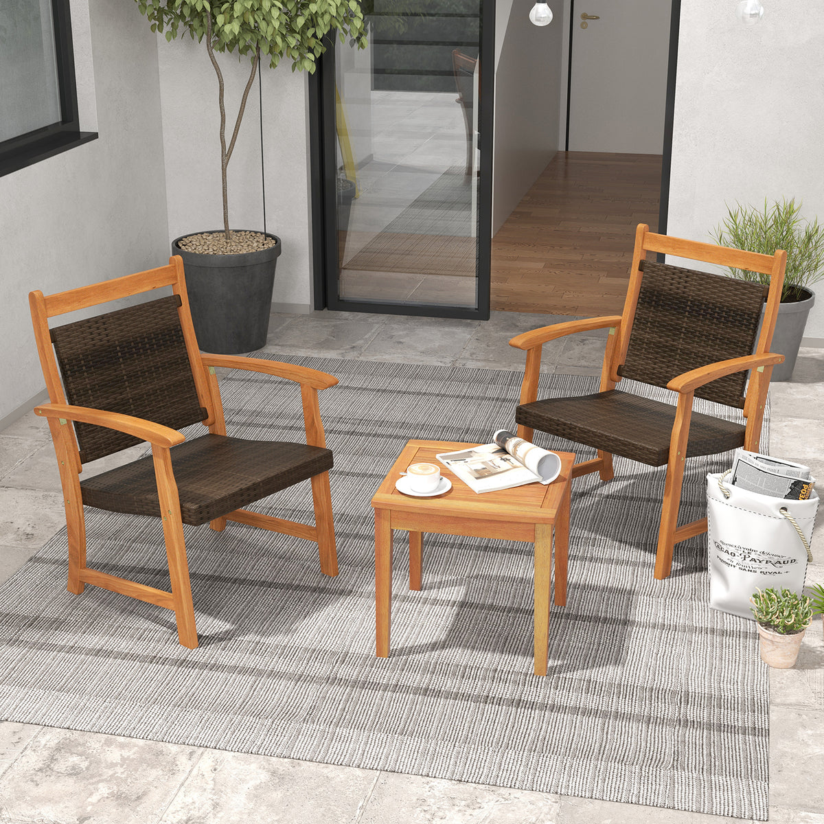 3 Pieces Rattan Bistro Set - Acacia Wood Patio Furniture