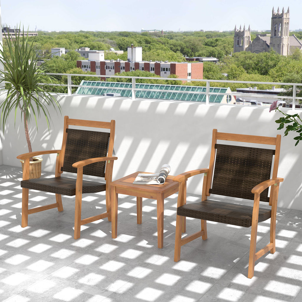 3 Pieces Rattan Bistro Set - Acacia Wood Patio Furniture