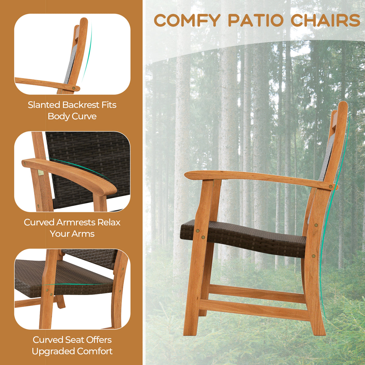 3 Pieces Rattan Bistro Set - Acacia Wood Patio Furniture