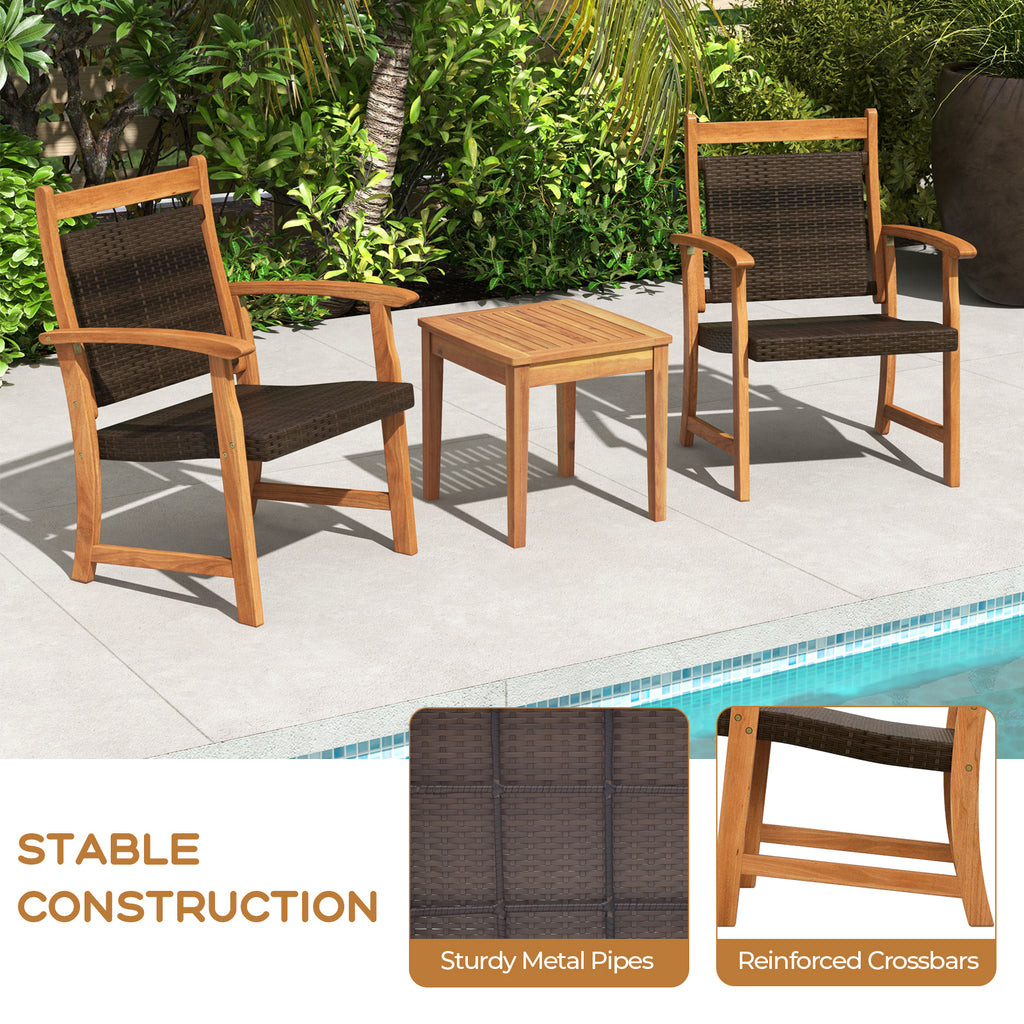 3 Pieces Rattan Bistro Set - Acacia Wood Patio Furniture