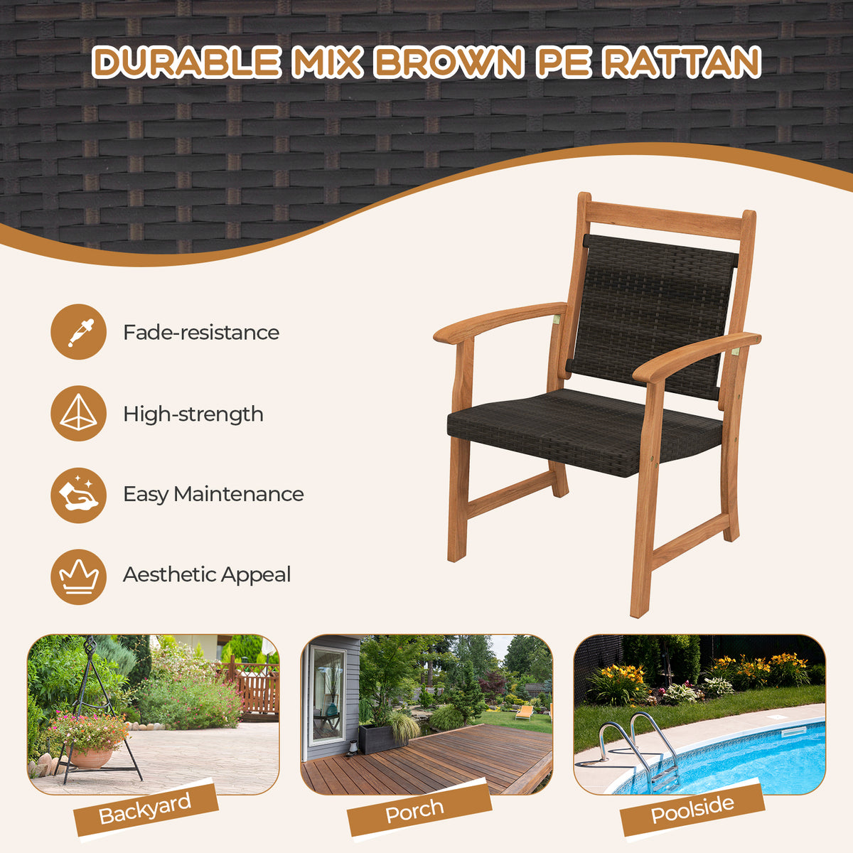 3 Pieces Rattan Bistro Set - Acacia Wood Patio Furniture