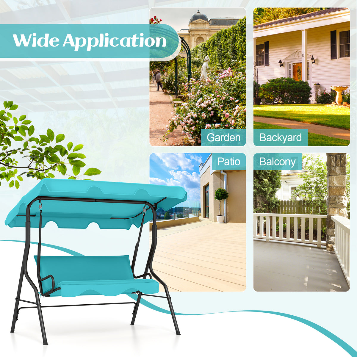 3 Seat Outdoor Patio Canopy Swing with Cushioned Steel Frame