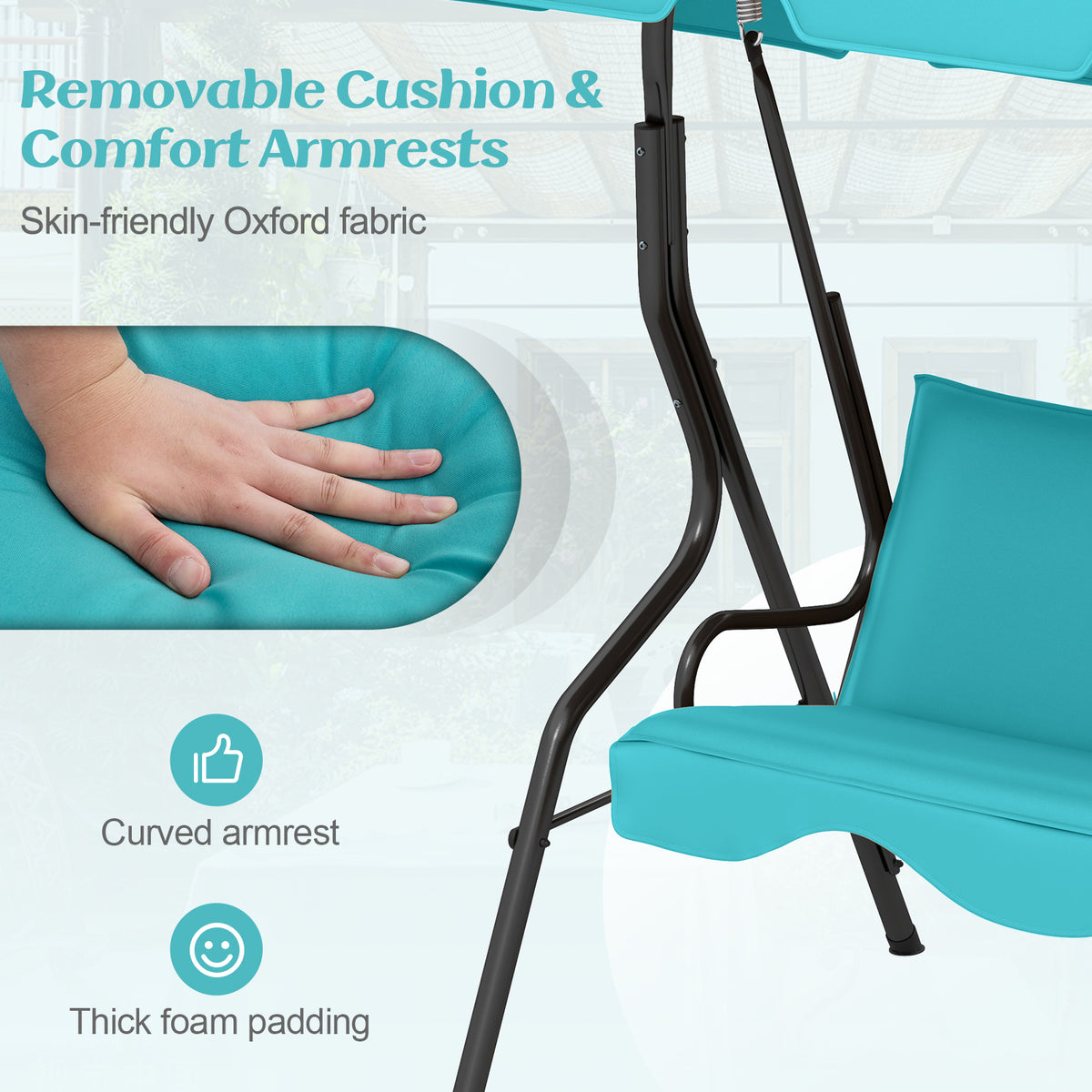 3 Seat Outdoor Patio Canopy Swing with Cushioned Steel Frame